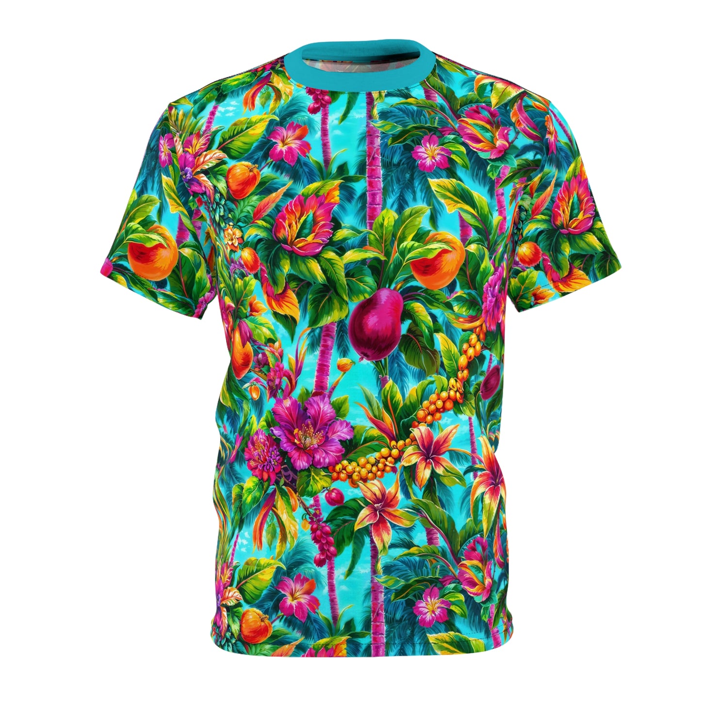 Tropical Tee with Vibrant Florals and Fruits