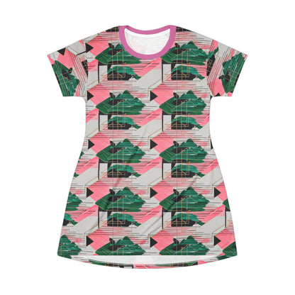 Binary Abstract T-Shirt Dress in Bright Pink and Emerald Green