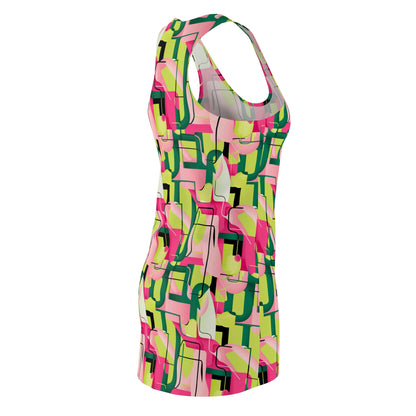 Racerback Dress Binary Abstract Painting Neon Yellow Green Pink