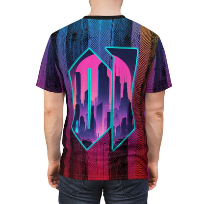 Night City 01 – Unisex Cut & Sew Tee (AOP) | Retro Vaporwave Cyberpunk Design