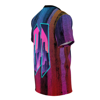 Night City 01 – Unisex Cut & Sew Tee (AOP) | Retro Vaporwave Cyberpunk Design