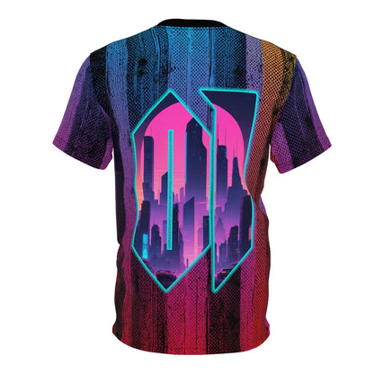 Night City 01 – Unisex Cut & Sew Tee (AOP) | Retro Vaporwave Cyberpunk Design