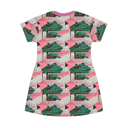 Binary Abstract T-Shirt Dress in Bright Pink and Emerald Green