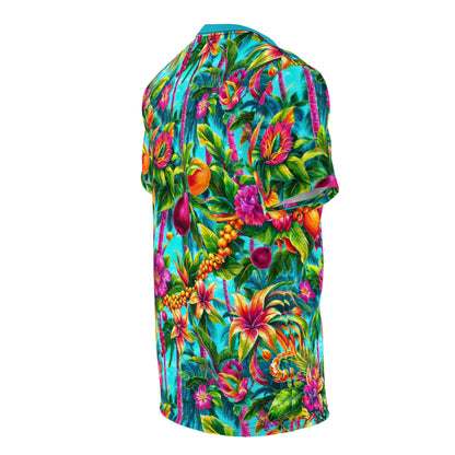 Tropical Tee with Vibrant Florals and Fruits